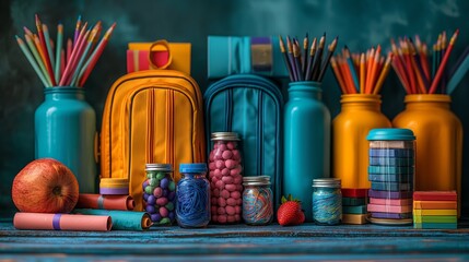 Fototapeta premium Colorful Backpacks and Stationery for Creative Classroom Organization