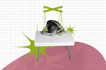 Composite trend artwork 3D sketch image photo collage of aged woman office manager tired lying table puppet toy control rope manipulation