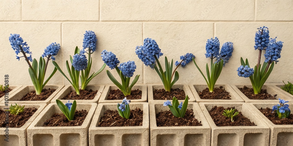 Poster spring background featuring blue hyacinths in an eco-grid on a beige canvas, capturing the beauty of