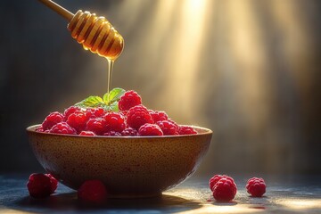 Honey pours over fresh raspberries in a bowl, illuminated by warm sunlight.