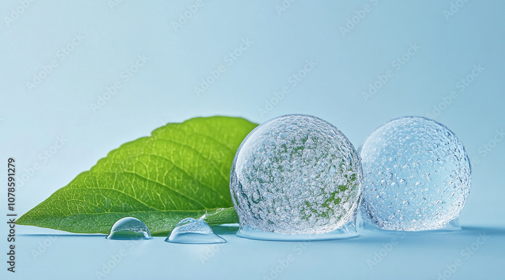 Poster a green leaf rests on a light blue surface with two translucent spheres next to it, each filled with