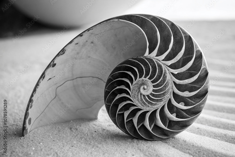 Poster striking architectural photography of a wide-angle black and white snail shell with sharp zigzag pat