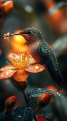 In tropical forest, violet hummingbirds fly around a beautiful flower