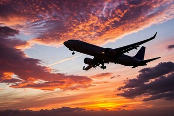 Obraz premium Striking Airplane Silhouette Against a Vibrant Sunset Sky in Rule of Thirds Composition for Stunning Visuals and Travel Inspiration