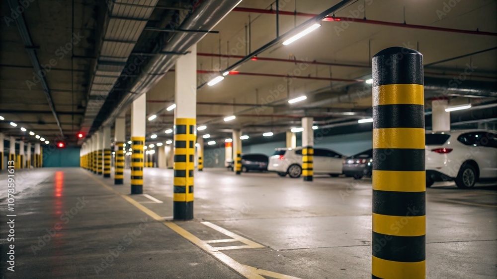 Poster striped poles defining parking spaces in a brightly lit underground garage with bokeh effect for enh