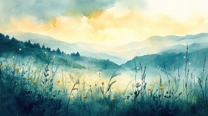 Watercolor painting of a misty mountain landscape with yellow wildflowers in the foreground.