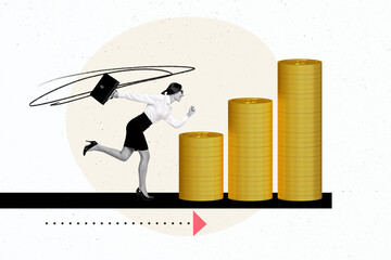 Composite trend artwork sketch image photo collage of business earnings money bitcoin crypto young lady businesswoman run huge pile coins