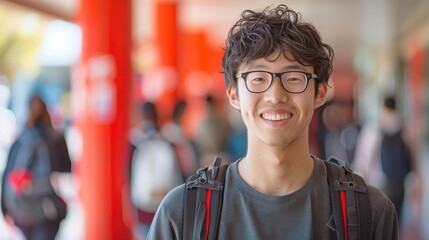 Fototapeta premium Against a vivid background, a young Asian scholar smiles, embodying the joy of learning and personal development