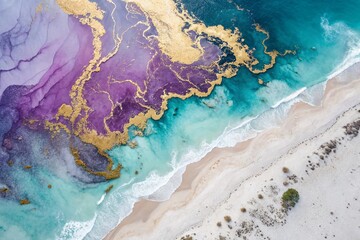 Naklejka premium Stunning Aerial View of Watercolor Painting with Purple, Blue, and Gold Splatter Captured by Drone Photography for Artistic Inspiration and Creative Projects