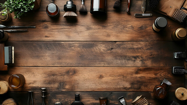 Wooden Background with Grooming Tools Flat Lay