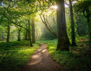Obraz premium Deep Green Forest With Sunlight Filtering Through the Canopy, Illuminating a Tranquil Path Winding Through Ancient Trees, Captured in Early Morning Light for a Peaceful Nature Landscape