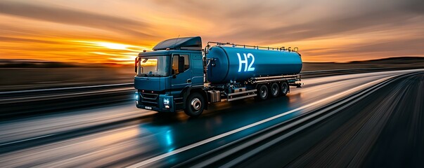 Blue Hydrogen Truck on Highway at Sunset, Showcasing Hydrogen Transportation with a Bold H2 Tank and a Scenic Landscape in Motion