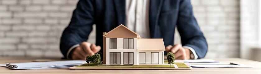 Businessman Presents a Detailed House Model for Real Estate Presentation, Showcasing Innovative Design and Professionalism in a Modern Office Environment