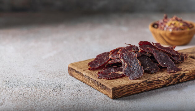 Beef biltong slices and spices on wooden chopping board. Tasty food. Delicious snack. Close-up.