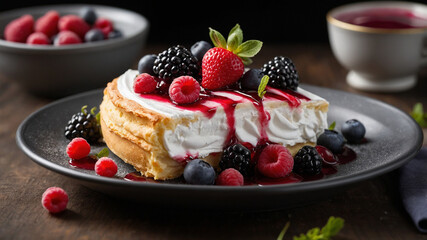 mouthwatering image of cake with berries, delicious food photography concept