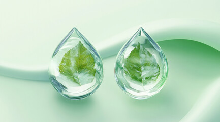 Two clear, teardrop-shaped objects containing single green leaves sit on a light green surface