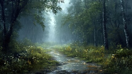 A misty forest path, surrounded by tall trees and vibrant green foliage, leads to a mysterious distance, the air filled with a sense of peace and tranquility.
