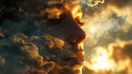 A serene blend of a woman's face with ethereal clouds, symbolizing introspection and connection with nature.