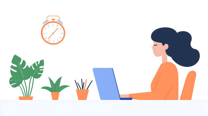 Fototapeta premium Modern Work Environment: A Woman Engaged in Focused Work with Indoor Plants, Emphasizing Work-Life Balance and Productivity Initiatives at a Desk Setup