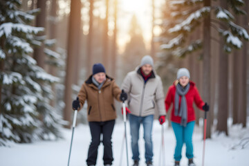 Blurred defocused Group of friends enjoying cross-country skiing in snowy forest at sunrise