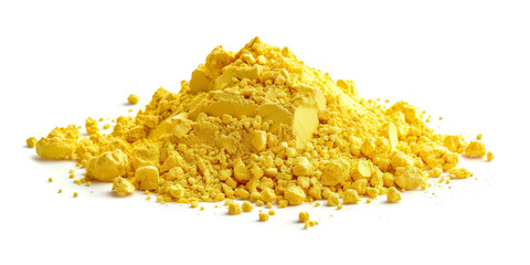 Pile of bright yellow sulfur powder isolated on white background