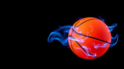 bright basketball ball in blue neon  smoke on black background, free space for text.