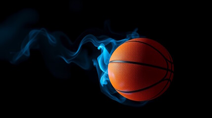 Fototapeta premium bright basketball ball in blue neon smoke on black background, free space for text.