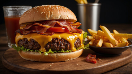 mouthwatering image of delicious burger with fries, food photography concept