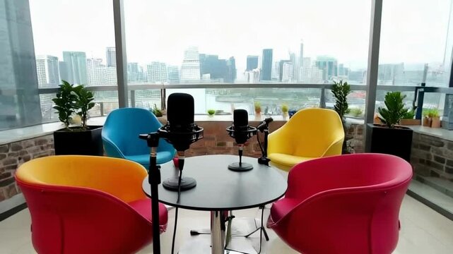 A vibrant recording studio with colorful chairs and two microphones, set against an urban cityscape, suggesting lively discussions.