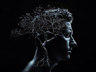 A surreal image of a man's silhouette with branches and roots emerging from his head, symbolizing creativity, nature, and interconnectedness.
