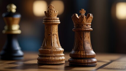 Close-up of chess pieces, queen and king, on a wooden chessboard with a black king in the background.