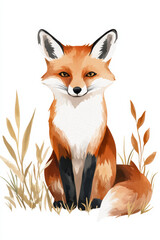 Obraz premium A vibrant illustration of a fox sitting gracefully among tall grasses, showcasing its beautiful orange fur and striking gaze.