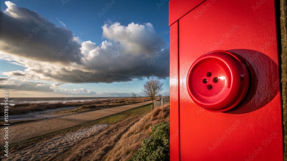 Poster stunning display of a red button against a vibrant red background, highlighting color contrast and v