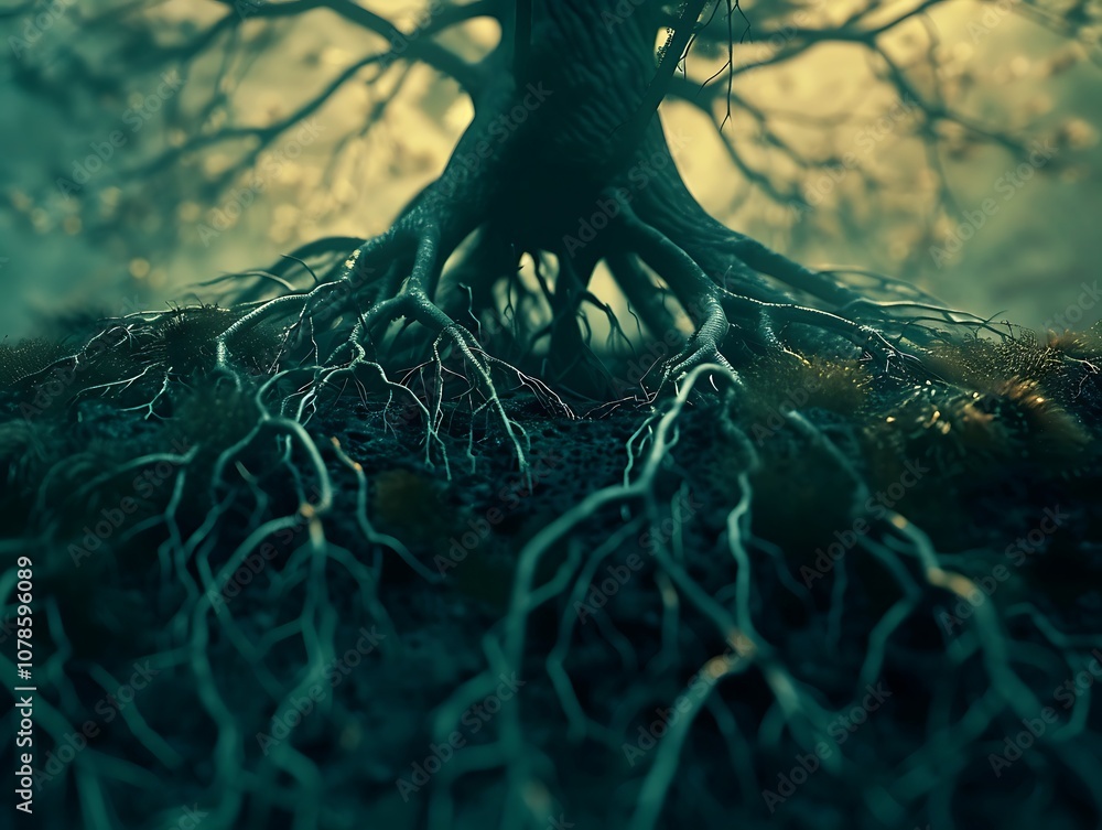 Poster a close-up view of a tree’s intricate roots, showcasing their complex structure and connection to th
