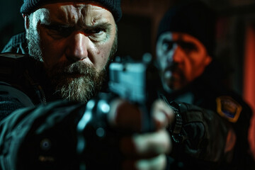 Obraz premium Intense Investigative Team Examining Crime Scene with Neon Lighting city crime mudrer accident, Generative AI