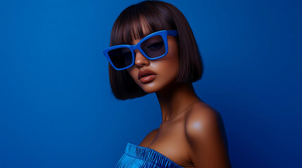 Naklejka premium Cute model with bobbed hair, and bold sunglasses in blue