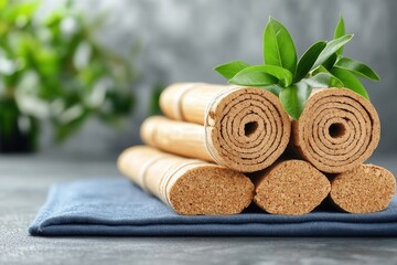 Fototapeta premium Cork rolls are stacked on a navy textile with greenery subtly blurred in the background.