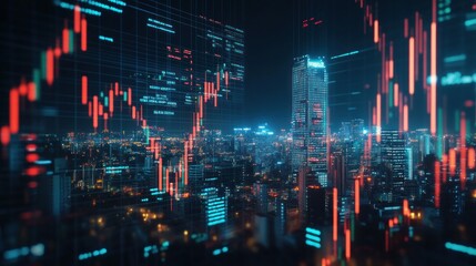 Fototapeta premium Cityscape with Stock Market Data Overlay