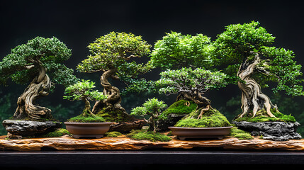 Bonsai,An arrangement of bonsai trees at different stages of development