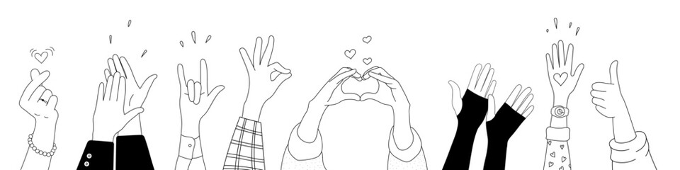 Doodle sketch hands up gestures comic icons silhouettes vector set. Group of line art fun comic hands in the air. Voting or happy congratulation audience recognition symbols.
