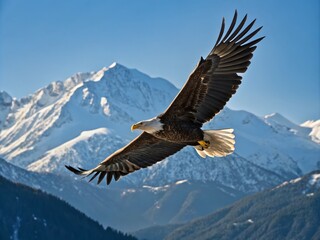 Stunning Eagle in Flight Captured Against a Majestic Mountain Backdrop, Showcasing Powerful Wingspan and Detailed Feathers, Ideal for Nature and Wildlife Photography Enthusiasts