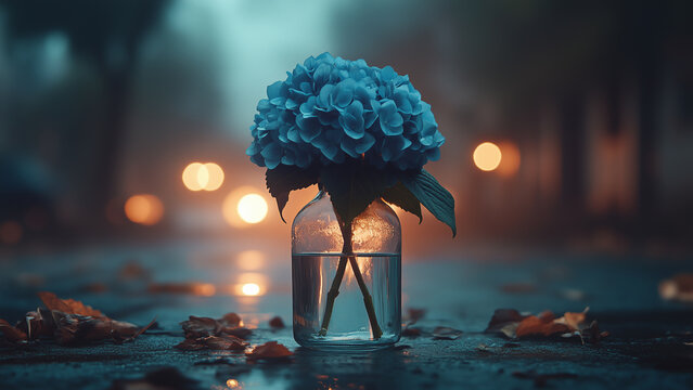 Delicate blue hydrangeas sit in a glass jar on a quiet, fog-covered road, softly lit by flickering light, creating a peaceful ambiance at twilight