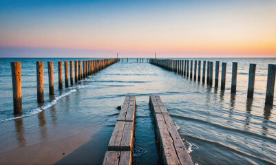 Fototapeta premium A wooden walkway leads to the ocean at sunset
