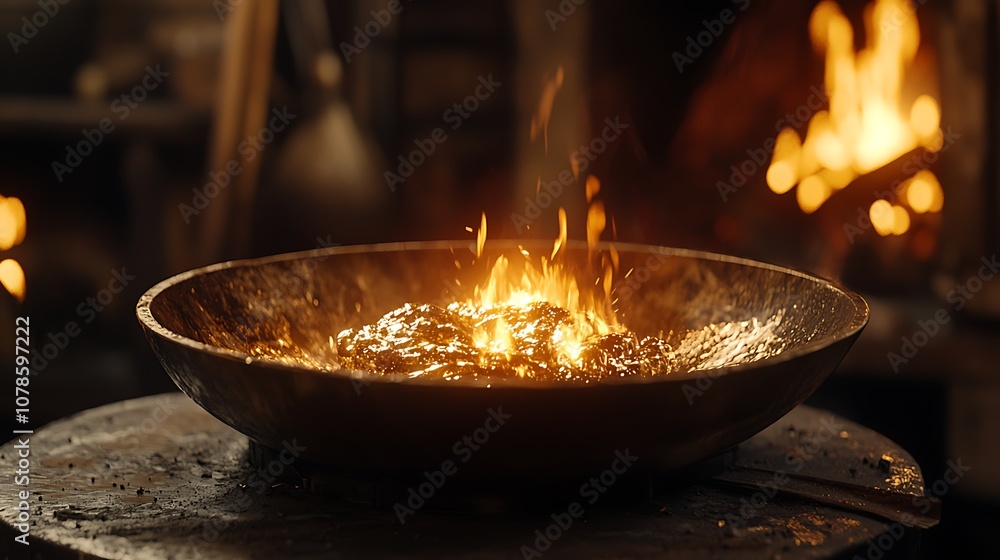 Poster Glowing Metal Forging Process in Traditional Blacksmith Workshop with Fire and Flames Illuminating the Scene Creating a Dynamic Atmosphere of Craftsmanship