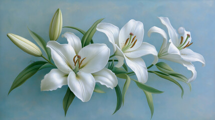 Fototapeta premium White Lilies with Green Leaves on Blue Background