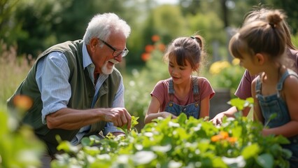 A joyful grandfather shares his gardening knowledge with his grandchildren on a sunny day. They gather around lush green plants, focusing on growing vegetables and flowers, creating lasting memories i