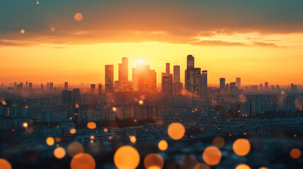 Cityscape at Sunset with Bokeh Lights