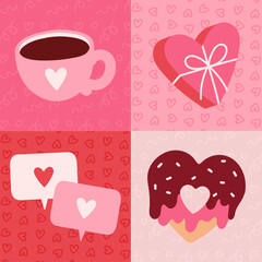 Background, postcards with a mug, a donut, a gift