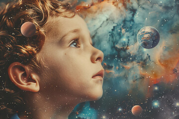 Child gazing at the cosmos in a retro-style space artwork collage, Generative AI blending...