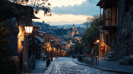 A cobblestone street in a European city at dusk, with buildings lining the street and a view of the city in the distance.